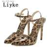 Leopard Sandaler Sexig spetsig korn Liyke Kvinnor Pumpar tå spännband Stiletto High Heels Mules Female Party Dress Shoes Storlek 42 T230828 321