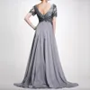 Mother Gray Long of the Bride V Neck Short Sleeves Appliques Beaded Chiffon Plus Size Evening Gowns Prom Dresses