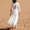 Abiti casual Boho Ricamo floreale Maix Abito per donna Spiaggia 2023 Estate Cotone manica lunga scollo a V Cover-up