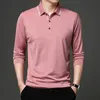 Printemps et automne T-shirt à manches longues pour hommes décontracté col polo bouton de mode en vrac couleur unie pull t-shirts hauts à rayure HKD230825