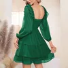 Casual Dresses Women 3/4 Puff Sleeve Smocked Layered Ruffle Short Dress Square Neck Off Shoulder Solid Color Flowy Swing A-Line