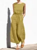 Dames Jumpsuits Rompertjes Zomer Losse Effen Dames Jumpsuits Zomer Mouwloos O-hals Katoen Linnen Romper Mode Dame Elastische taille Kantoor Overall 230828