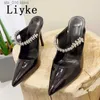 Rhinestone Brand White Liyke Pumps Fashion Women Dress Leather Thin High Heels Mules Sandals Sexy Pointed Toe Stiletto Shoes Slippers T230828 252