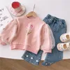 Hoodies Sweatshirts Baby Girls Beautiful Tulip Sweater Bottom Shirts Embroidered Sleeves Tops Elegant Kids Spring Autumn Wear Children 230828