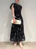 Casual Kleider Japanische Vintage Gedruckt Chiffon Kleider Frauen Stehen Kragen Blütenblatt Hülse Elastische Wasit Vestido Feminino Sommer Lange Robe