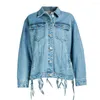 Women's Jackets High Street Tassel Jeans Jacket Backless Hollow Out Female Kpop Bandage Streetwear Casual Denim Washed Frayed Aesthetic