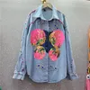 Women's Blouses Luxury Women Diamonds Beaded Denim Shirts Jacket Floral Embroidery Sequined Jeans Coat Rhinestones Rivets Cardigan Tops