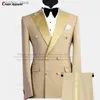 Moda Champagne Ternos para Homens Slim Fit Double Breasted Noivo Prom Casamento Terno Smoking Set Cinza Mens Blazer Com Calças 2 Peças Q230828