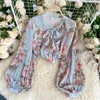 Frauen Blusen Frühling Vintage Print Mode Frauen Bogen Knoten V-ausschnitt Laterne Langarm Shirt Mädchen Floral Top Weibliche Kleidung 2023