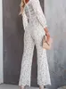 Kobiety Jumpsuits Rompers Chronstyle Eleganckie kobiety koronkowe szerokie nogi Spodnie Jumpusy Solidny kolor długi rękaw wysoki talia V SCICK Kwiatowy Rompers Streetwear 230828