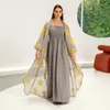 Ethnic Clothing Fashion Gauze 2 Piece Muslim Sets Abaya Grey Sling All Season Dubai Luxury Dress For Women Evening Party