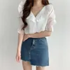 Kvinnor BLOUSES Fashion Korean Ruffled Women Summer Sweet Slim Clothes V Collar Ladies Tops Vintage Shirts NS5756