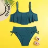 Maillots de bain pour femmes Maillot de bain à volants côtelé uni pour enfants Cravate latérale deux pièces pour enfants de 7 à 14 ans Ensemble de bikini pour adolescents Maillot de bain Beachwear