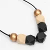 Pendant Necklaces Wood Geometric Necklace Painted Chunky Faceted Wooden Beads Ball Leather Cord Brown Black Statement