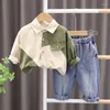 Clothing Sets 2023 Korean Spring Autumn Children Boy Two Piece Clothes Set Long Sleeve Spliced Shirt Jeans Pants Suit Toddler Baby Outfit