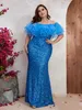 Ny Long Blue Mermaid Mother of the Bride Prom Dresses Evening Sequined Appliques Golvlängd Overskirts Train Formal Wear Special OCN Dress 403