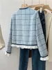Jaquetas femininas jaqueta de moda retro 2023 outono roupas design sentido v pescoço azul xadrez francês tweed curto casaco feminino
