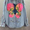 Women's Blouses Luxury Women Diamonds Beaded Denim Shirts Jacket Floral Embroidery Sequined Jeans Coat Rhinestones Rivets Cardigan Tops