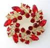2 Inch Gold Plated Red Rhinestone Crystal Wreath Flower Brooch