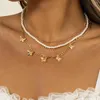 Anhänger Halsketten Boho Imitation Perle Perlen Halskette Damen Vintage Gold Farbe Metall Niedlich Schmetterling Schlüsselbein Modeschmuck