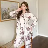 Mulheres sleepwear mulheres impressão pijamas conjunto de cetim de seda lingerie íntima manga longa calças pijamas terno primavera verão casa roupas