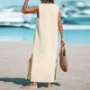 Vestidos casuales Damas de un solo pecho con cuello en V Vestido de camisa de algodón y lino sin mangas largo femenino moda bolsillo playa