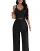 Pantalones de dos piezas para mujer Mujeres elegantes Sexy Sólido Camisola Pantalones Set 2023 Verano Correa sin espalda Correa con cuello en V Top corto Pierna ancha Traje de dama