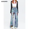 Womens Jeans Vintage Appliques High Waist Street Style Blue Straight Pants Korean Fashion Women Wide Leg Baggy Y2K Denim Trouser 230826