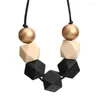 Pendant Necklaces Wood Geometric Necklace Painted Chunky Faceted Wooden Beads Ball Leather Cord Brown Black Statement