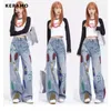 Kvinnors jeans vintage applikationer hög midja street stil blå rak byxor koreanska mode kvinnor bred ben baggy y2k denim byxor 230826