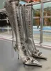 new pattern leather knee-high boots Vintage gun color threaded buckle decoration Side zipper pointed toe tassel high-heeled Luxury Designer step fashion RFGT