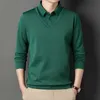 Primavera outono masculino polo manga longa camiseta moda casual falso duas peças pulôver camisa inferior solta botão sólido lapela topos hkd230825