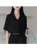 Женские блузки летние черные двойные слой поло с коротким рукавом с коротким рукавом корейская версия Temperament маленький дизайнер сексуальный
