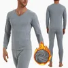 Men's Thermal Underwear 2pcs Warm Plus Velvet Thickened Slim V-Neck T-Shirt Winter Cold-Proof Bottoming Shirt Inner Top