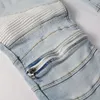 Mens Jeans EU Drip Bikers Light Blue Streetwear Distressed Ribs Patchwork Ripped Sides Zippers 230828