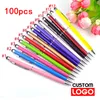 Balpennen 100 pennen per verpakking Mini metalen 2-in-1 stylus Universele balpen Tekstgravure Aangepaste kantoorschool Reclamepen 230827