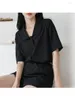 Женские блузки летние черные двойные слой поло с коротким рукавом с коротким рукавом корейская версия Temperament маленький дизайнер сексуальный