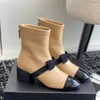 top Leather bow sheepskin chunky heel women's ankle boots Fashion Designer Booties Black White Apricot