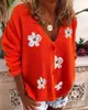 Damen-Strick-T-Shirts, Damen-Strickjacke mit Blumenmuster, einreihig, V-Ausschnitt, lange Ärmel, lose Blumen-Strickjacke, Prairie Chic-Applikationspullover, Blumenmuster, 230828