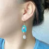 Baumelnde Ohrringe, trendige Vergoldung, himmelblaue farbige Muschel mit bunten Perlen, weiße Perle, für Damen und Mädchen, eleganter lässiger Schmuck