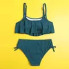 Costume da bagno da donna, tinta unita, balza a coste, costume da bagno per bambini, con laccetti laterali, in due pezzi, per bambini, 7-14 anni, bikini per adolescenti, costume da bagno, costumi da bagno