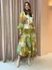 Basic Casual Dresses 2023 Autumn Printed Holiday Women's Beach Dress with Long Lamp Sleeves Mermaid Ocean Flower Dress Single A-line Pleated Robe T230825