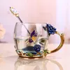 Mugs Blue Rose Enamel Crystal Tea Cup Coffee Mug Butterfly Flower Water With Spoon Drinkware Glass Lover Wedding Gift