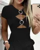 Party Dresses Women's 2023 Summer Fashion Rhinestone O-Ring Decor Cutout Casual Plain V-Neck Short Sleeve Daily Vacation Mini Dress