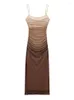 Casual Dresses Beach Style Print Tulle Dress For Women Summer Female Straight Neck Thin Strap Pleated Decoration Sexy Camisole Midi