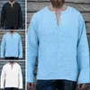 Men's T Shirts Men Solid Color Lace Up Middle Eastern Style European And American Linen Wide Band Loose V-neck Long Sleeve T-sh