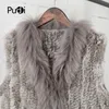 Womens Fur Faux VR033 Women Genuine Natural Real Rabbit Knitted Vests Waistcoat Gilet coats With Tassels Raccoon Collar 230828