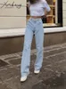 Jeans da donna Miukomiya Jeans dritti a vita alta Streetwear Pantaloni da denim blu chiaro da donna Gamba larga bianchi per donna 230826
