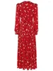 Casual Jurken Rode Stip Maxi Jurk Voor Vrouwen Zomer Vintage Lange Mouw Geplooide Chiffon 2023 Robe Longue Femmes