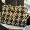 Toppkvalitet 19 väska fårskinn crossbody väska lyx kedja påse klassisk kuddväska mjuk äkta läder tweed houndstooth klaff 26 cm lady designer väska kvinna handväska 10a cc